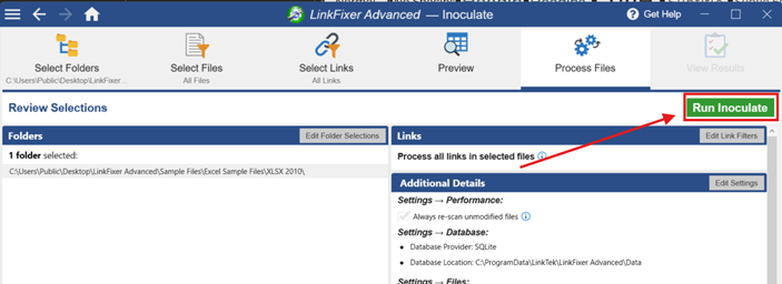 The image shows the user interface of the LinkFixer Advanced software, where a user is selecting files and links to process them, with options to review and run the inoculation process.

AI-generated content may be incorrect.