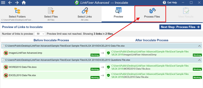 The image depicts a user interface of a software tool called LinkFixer Advanced, where users can select files to scan for broken links, preview them, and process them for inoculation.

AI-generated content may be incorrect.
