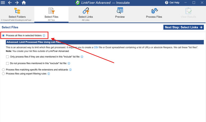 The image depicts a user interface for the LinkFixer Advanced software, featuring options to select folders, files, and links for processing, with advanced features to include or exclude files based on a list file.

AI-generated content may be incorrect.