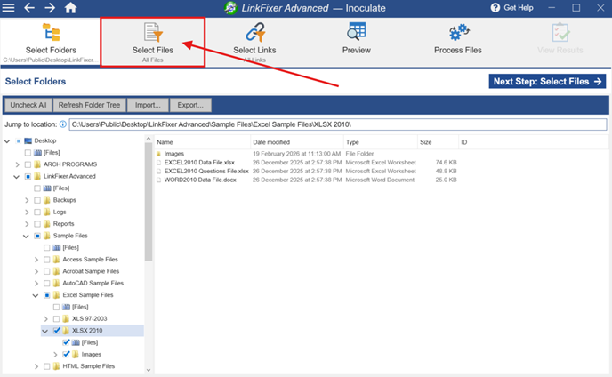 The image shows a digital interface with a list of files, folders, and tools for managing and fixing broken links, specifically in a software application for Excel and Word documents.

AI-generated content may be incorrect.