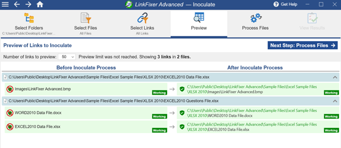 The image displays a user interface for a software application, LinkFixer Advanced, which appears to be a link management tool, with sections for selecting folders, files, and links, and options to preview and process them.

AI-generated content may be incorrect.