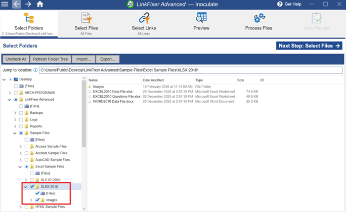 The image displays a user interface of the LinkFixer Advanced software, showcasing a folder tree with selected files, including Excel and Word documents, and options to process or view the results.

AI-generated content may be incorrect.