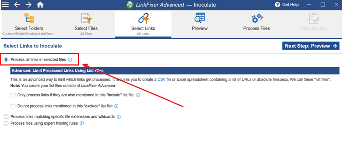 The image shows a user interface of a software tool called LinkFixer Advanced, which is used to remove or fix links in files, with options to preview, process, and exclude certain links based on a list of criteria.

AI-generated content may be incorrect.