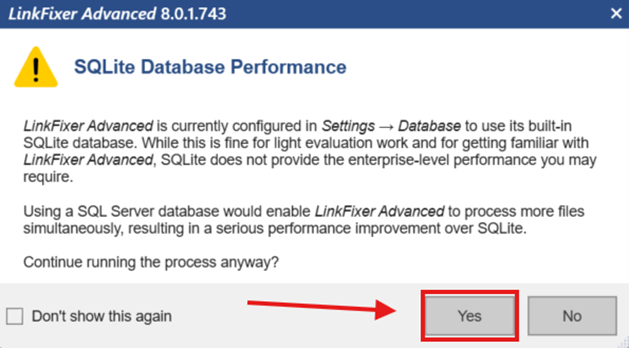 The image shows an interface of LinkFixer Advanced 8.0.1.743, with an option to switch from SQLite to SQL Server for enhanced performance.

AI-generated content may be incorrect.