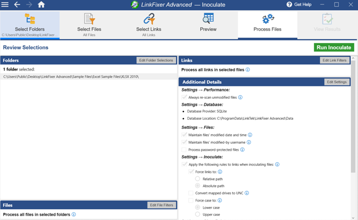 The image shows the user interface of LinkFixer Advanced, a tool for managing and fixing links within files, with options to select folders, files, and customize link processing settings.

AI-generated content may be incorrect.
